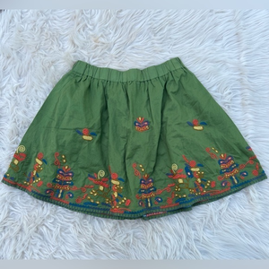 Fossil Green Floral Embroidered Short Circle Full Skirt Boho 100% Cotton Size XS